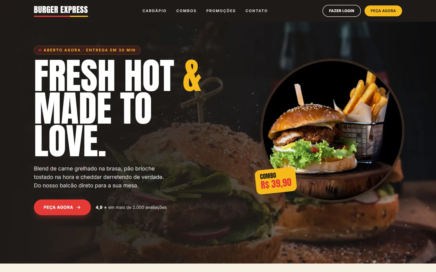 Página inicial do site Burger Express, criado pela Vectra Digital